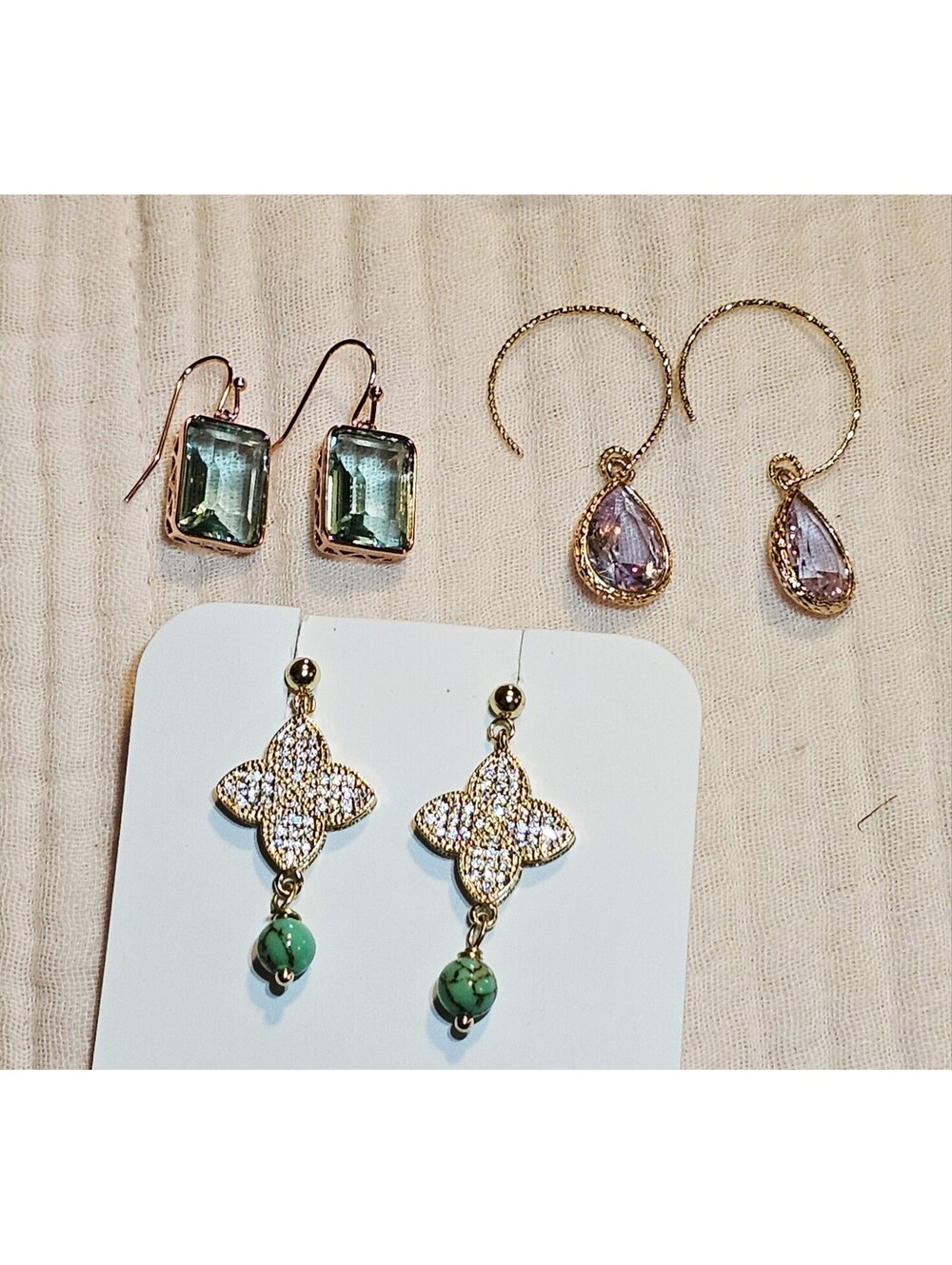 Lot of 3 Statement Dangle Earrings Gold-plated Green Crystal Turquoise CZ Purple